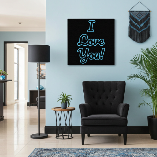 Living room with a black armchair, lamp, and wall art reading 'I Love You!' against a light blue wall.
