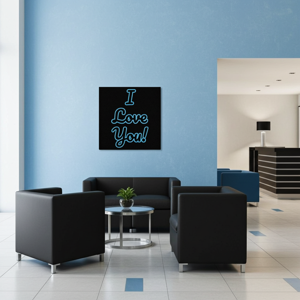 Modern interior with black furniture and a blue wall featuring a 'I Love You!' sign.