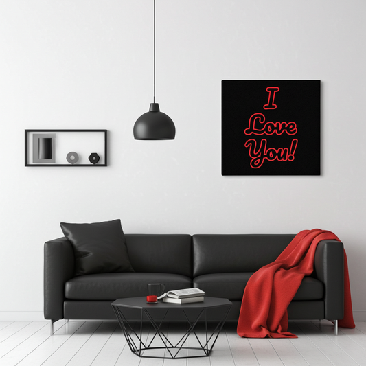 Modern living room with a black sofa, red blanket, and 'I Love You!' canvas.