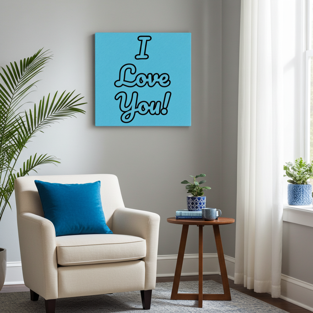 A square canvas wall art print with the text 'I Love You!' in black script on a bright light blue background, displayed on a gray wall above a cream armchair in a styled living room setting.