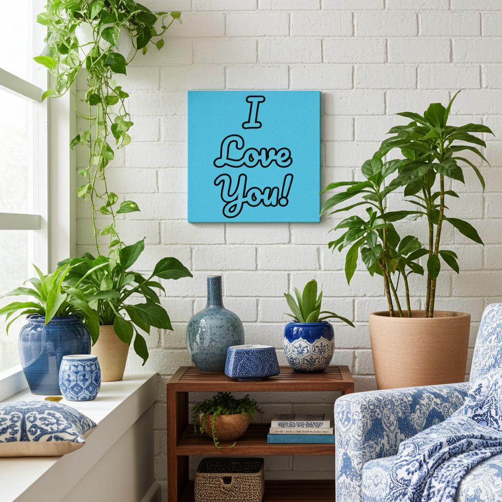 Living room with plants, decorative vases, and a 'I Love You!' sign on a white brick wall.