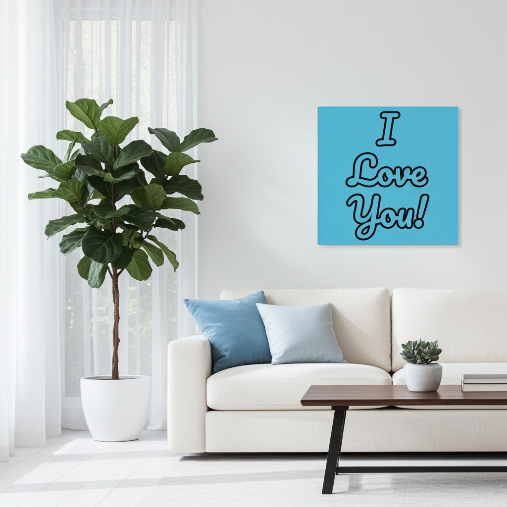 A square canvas wall art print with the text 'I Love You!' in black script on a bright blue background, displayed on a white wall above a modern white sofa in a bright living room with a potted fiddle-leaf fig plant.