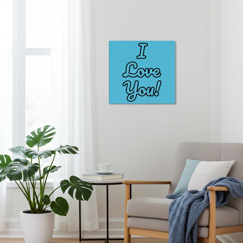 A square canvas wall art print with the text 'I Love You!' in white script on a bright blue background, displayed on a white wall in a modern living room setting next to a gray armchair and a potted green plant.