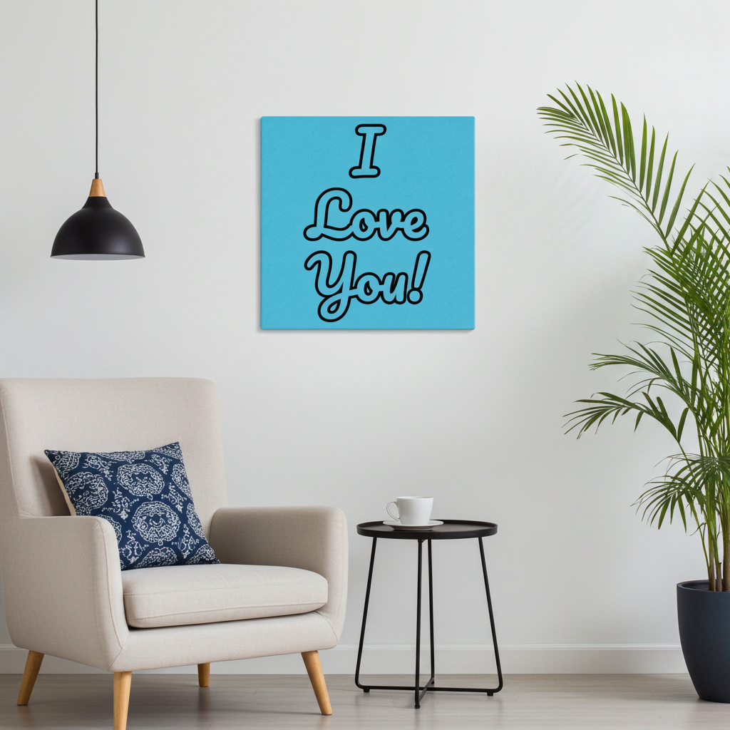 A square canvas wall art print with the text 'I Love You!' in white script outlined in black, displayed on a white wall in a modern living room setting next to a beige armchair and a potted plant.