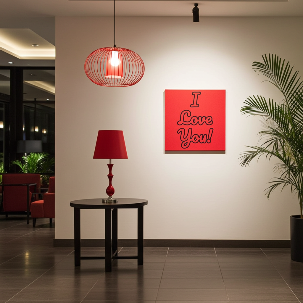 Modern interior with red pendant light, table lamp, and 'I Love You' sign on wall.
