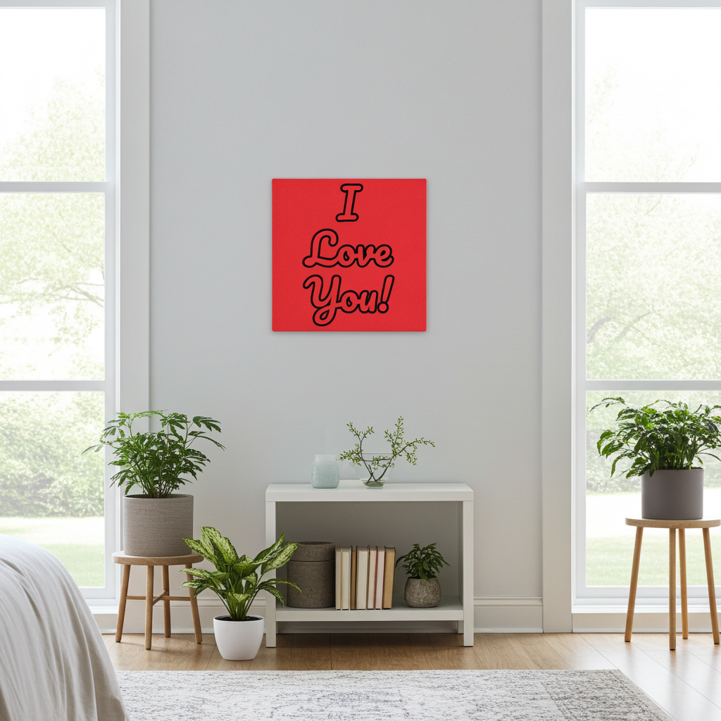 Red canvas with 'I Love You!' text in a modern living room.
