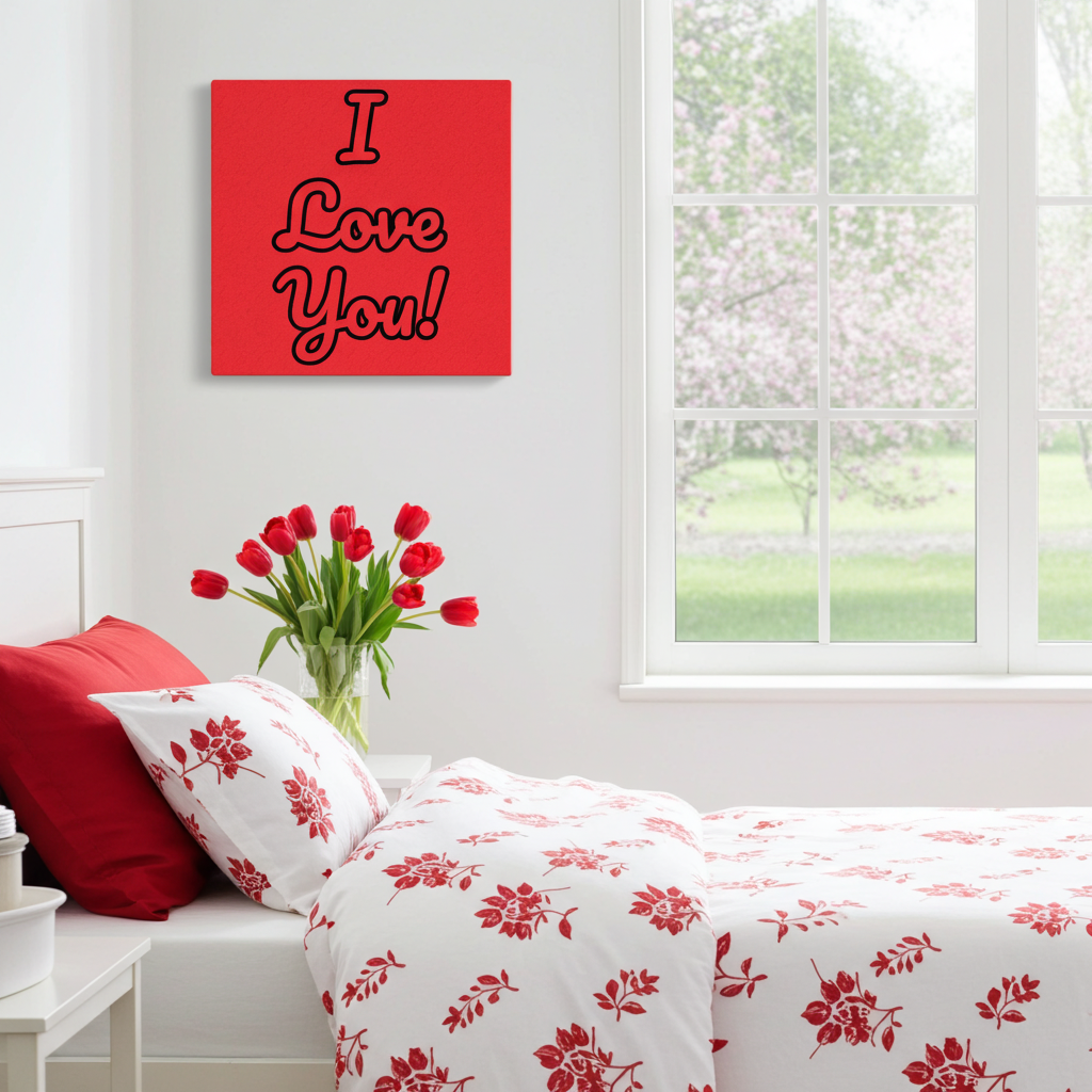 Bedroom with floral bedding, red pillows, and a 'I Love You!' canvas.