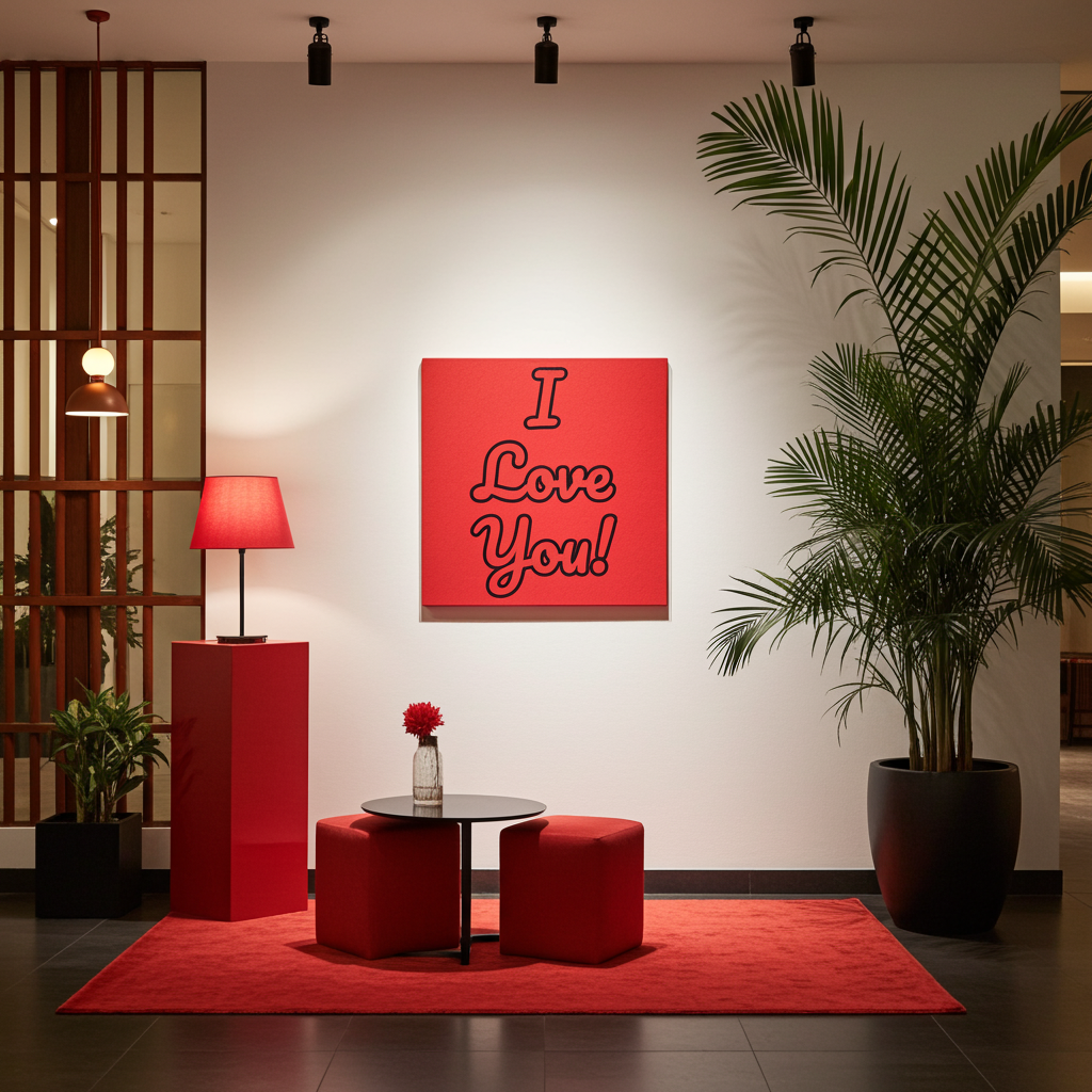 Modern interior with red furniture, a lamp, and a plant against a wall with a 'I Love You!' sign.