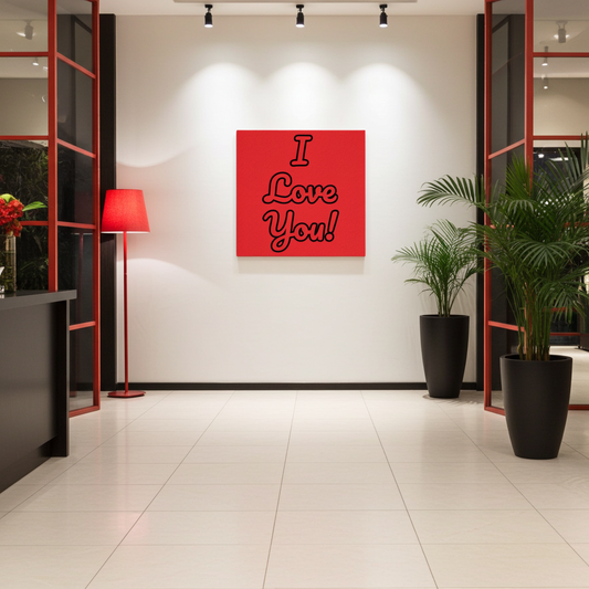 Modern interior with a red 'I Love You!' sign on a white wall, potted plants, and a red lamp.