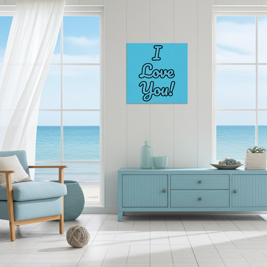 Modern living room with a blue sideboard, armchair, and 'I Love You' artwork.