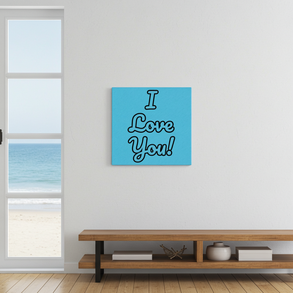 Blue canvas with 'I Love You!' text in a room with a window and wooden shelf.