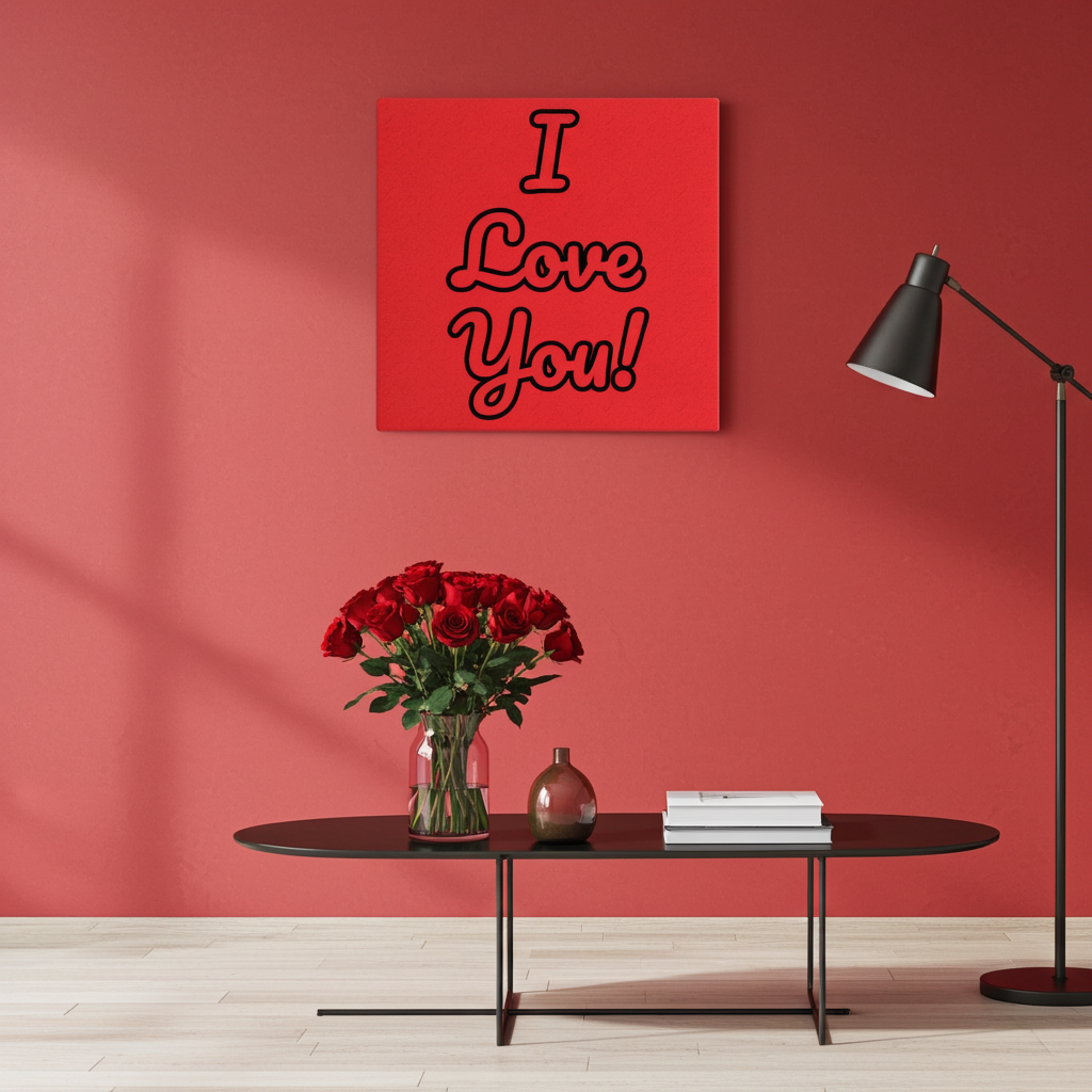 Living room with a red wall, 'I Love You!' sign, table with flowers and books, and floor lamp.