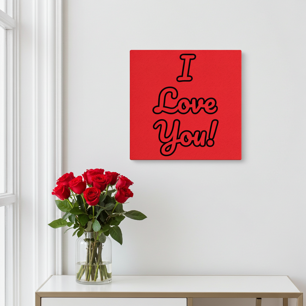 Red 'I Love You' canvas print on a white wall with a vase of red roses below.