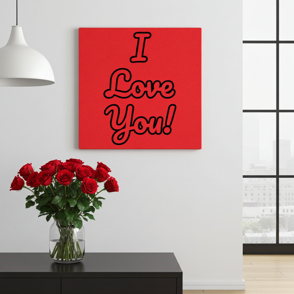 Red 'I Love You!' canvas print above a vase of red roses on a black surface.