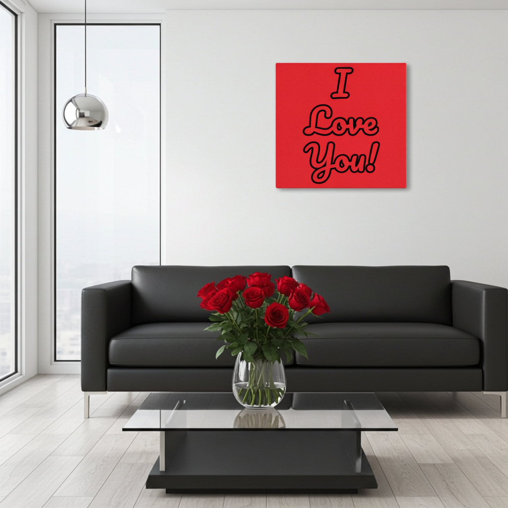 Modern living room with a black sofa, glass coffee table, and red 'I Love You!' artwork.