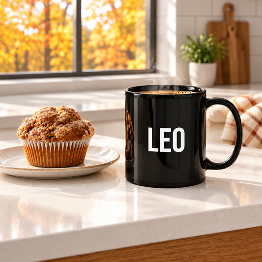 Leo Mug Black on a white kitchen counter with coffee and a cinnamon muffin, autumn view, background cleaned up