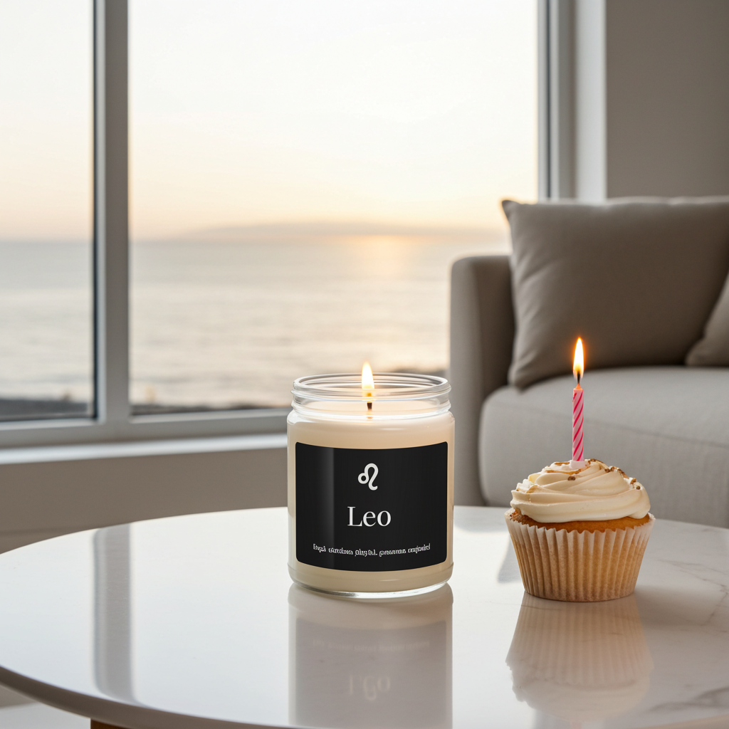 A lit candle in a clear glass jar with a black label reading 'Leo' sits on a white table beside a birthday cupcake with a pink striped candle, set in a softly lit room with a window overlooking the ocean.