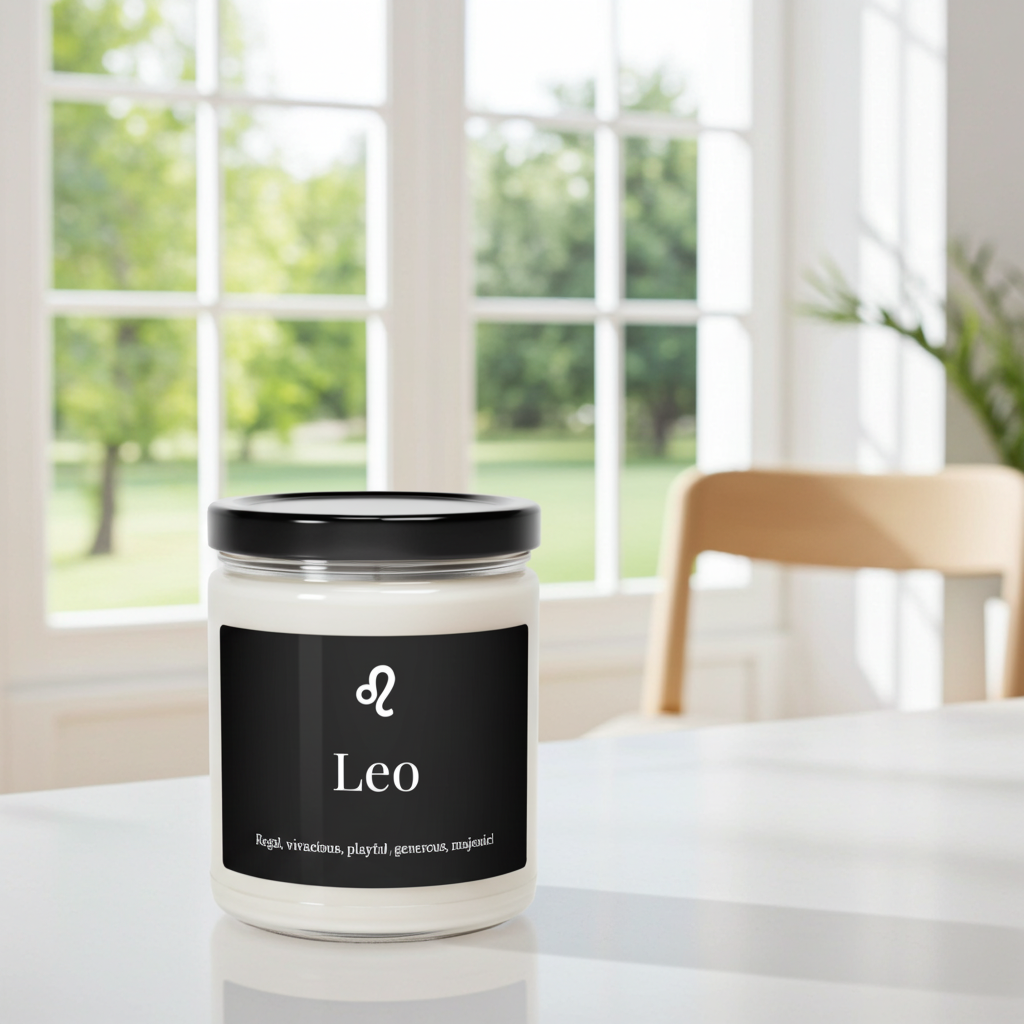 Candle jar labeled 'Leo' on a table with a window view of greenery