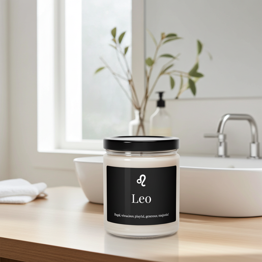 Candle jar labeled 'Leo' on a bathroom counter with a plant and sink in the background