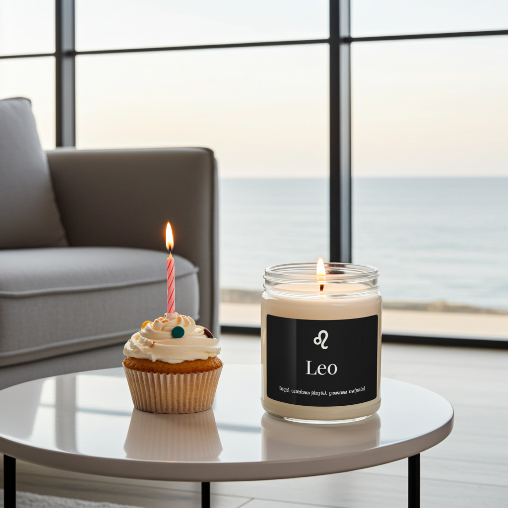 A lit candle in a clear glass jar sits on a round table beside a cupcake with a single candle, in front of a large window overlooking the ocean. The jar has a black label with a white monogram and the word Leo.