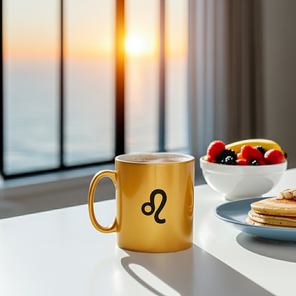 A golden-yellow ceramic mug with a black Leo zodiac symbol on the front, sitting on a white table next to a bowl of fruit and pancakes in a brightly lit room with a sunset view.