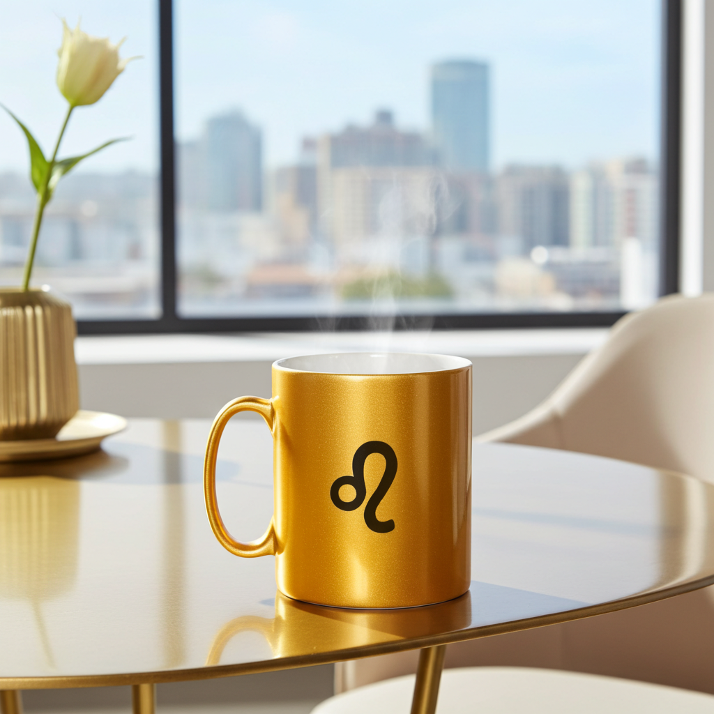 Gold mug with a leo symbol on a table in a room with a cityscape view