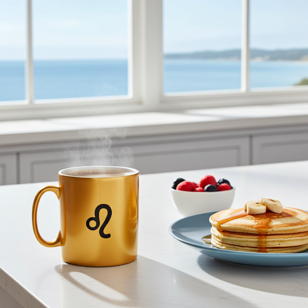 A metallic gold ceramic mug with a black Leo zodiac symbol on the side, filled with a steaming coffee on a white kitchen counter. In the background, a plate of pancakes with syrup and a bowl of fresh berries sit near a window overlooking the ocean.