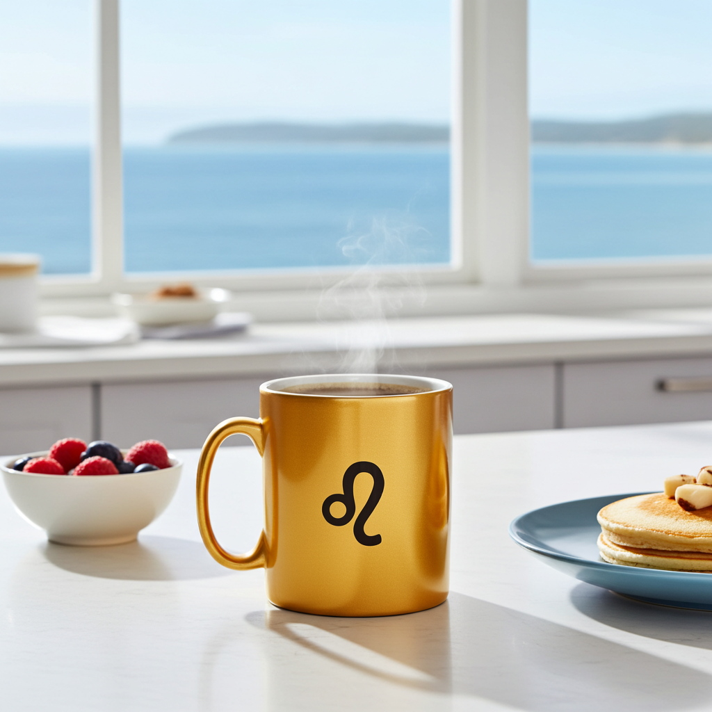 A golden ceramic mug with a black Leo zodiac symbol printed on the side, filled with a steaming hot drink and placed on a kitchen counter. The background shows a bright window with a view of the ocean, with a bowl of berries and pancakes nearby.