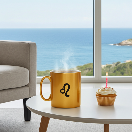 A golden ceramic mug with a black Leo zodiac symbol on the front sits on a white round table in a bright room. A steaming cup of coffee is visible inside the mug, with a small birthday cupcake next to it.
