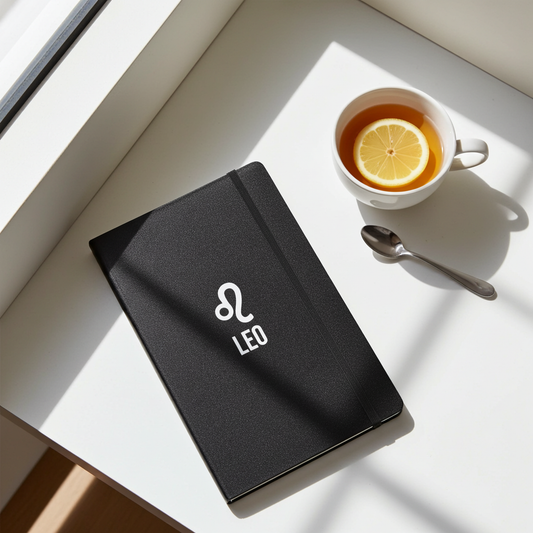 Black notebook with 'Leo' symbol, cup of tea with lemon, and spoon on a light surface.