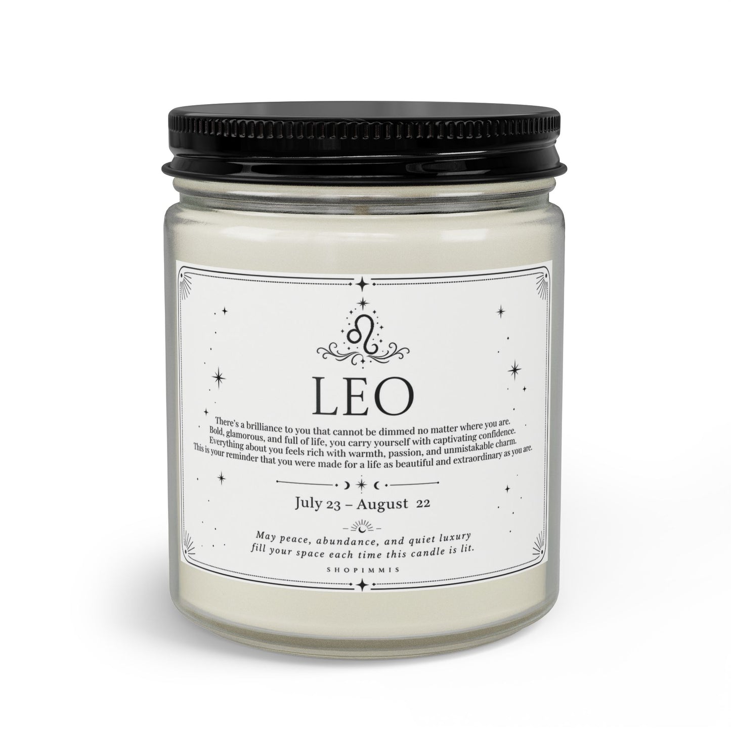Candle jar with a label indicating 'Leo' on a white background