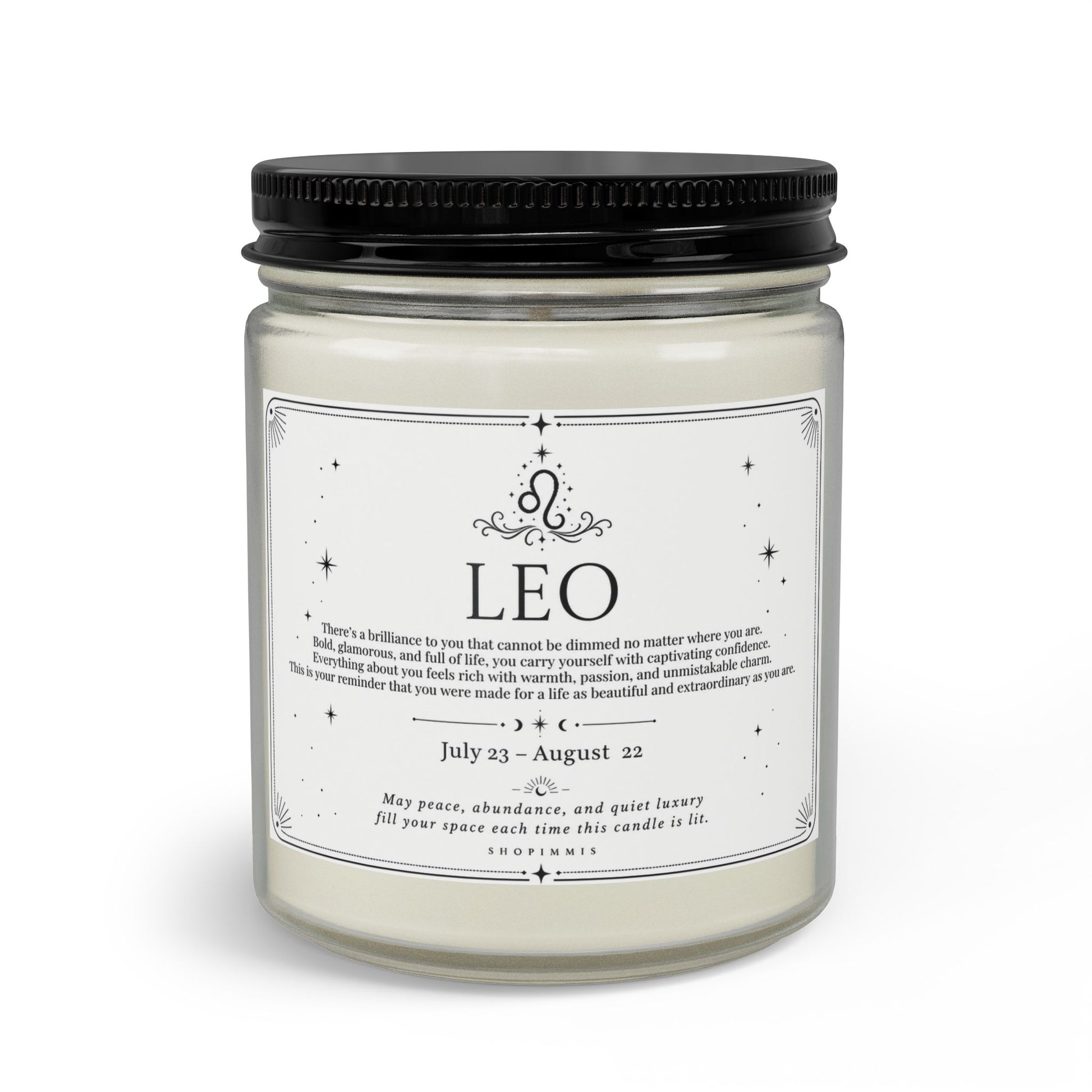 Candle jar with a label indicating 'Leo' on a white background