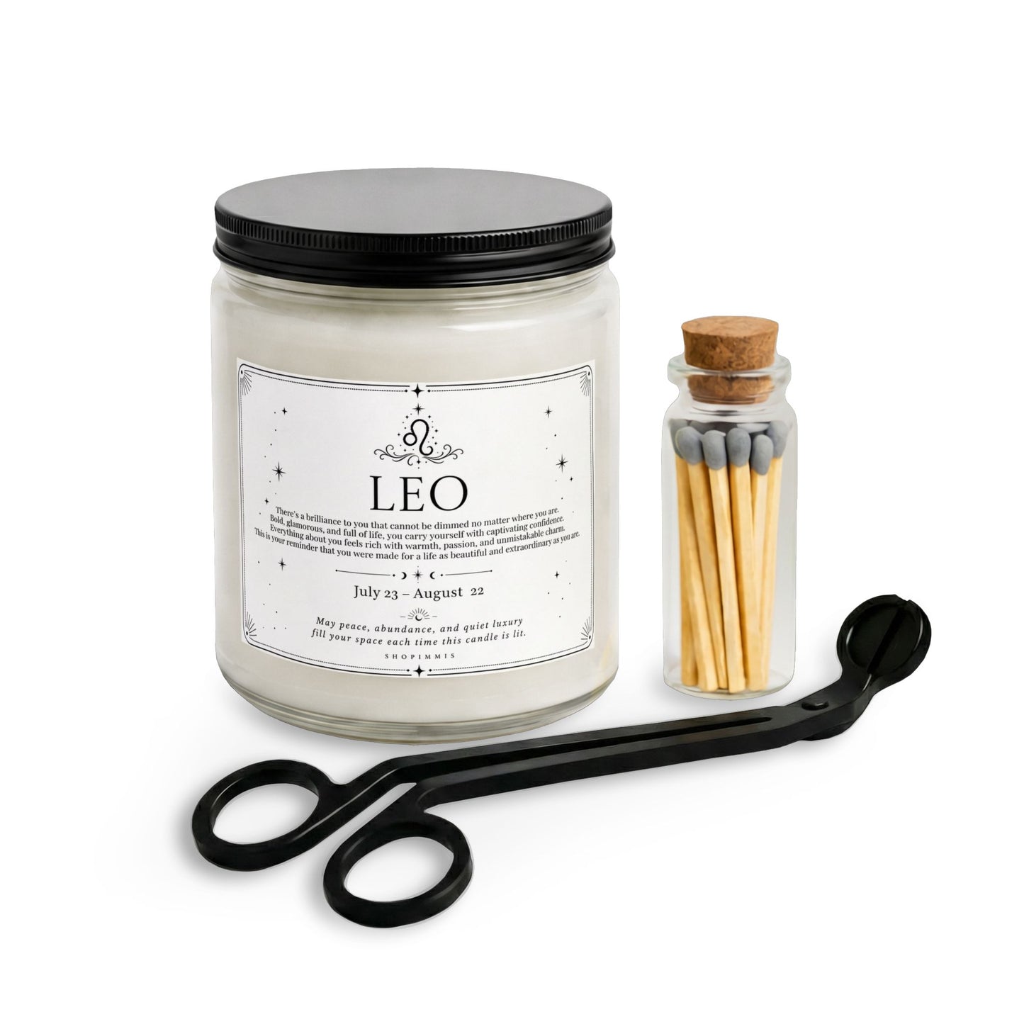 Candle labeled 'Leo' with a jar of matches and scissors on a white background