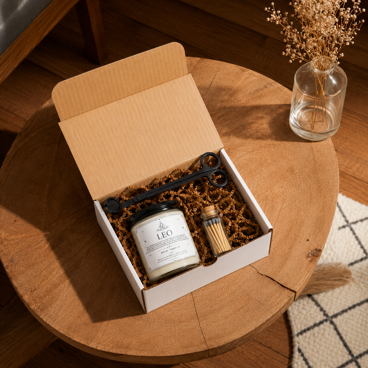 Gift set with a Leo candle and accessories in a box on a wooden table