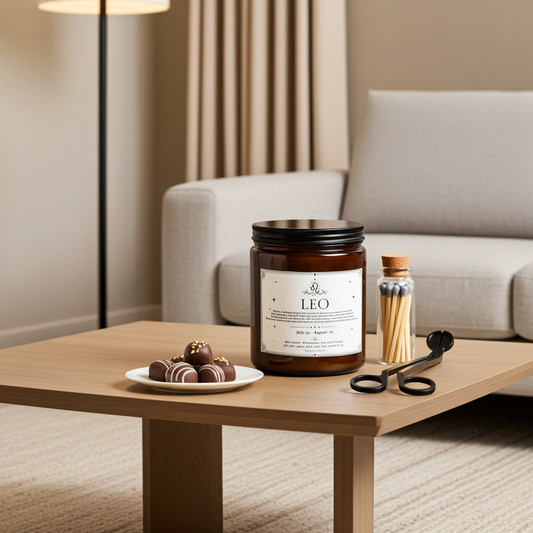 Candle labeled 'LEO' on a coffee table with chocolates and matches in a living room setting.