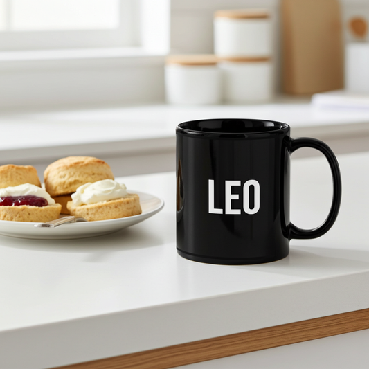 Black mug with 'LEO' on a kitchen counter with pastries