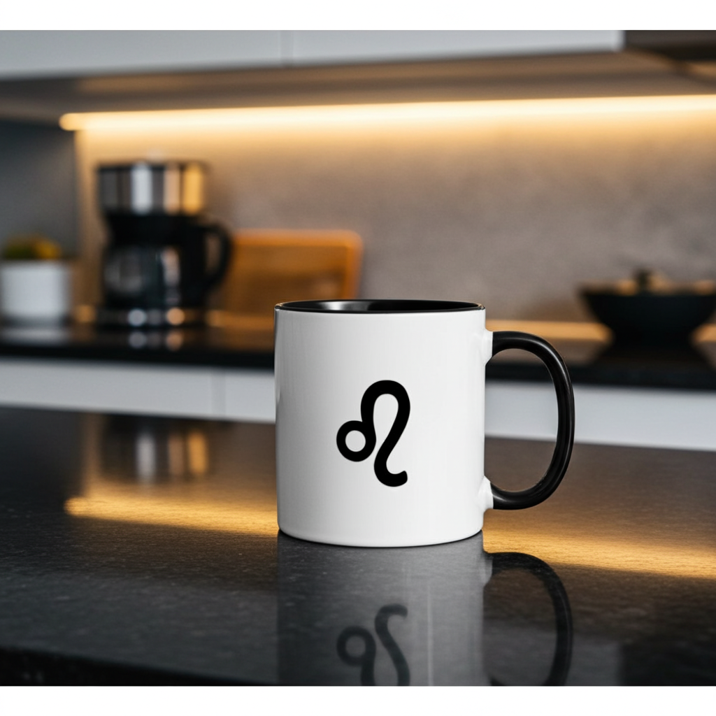 White mug with black handle and the Leo symbol on a kitchen counter