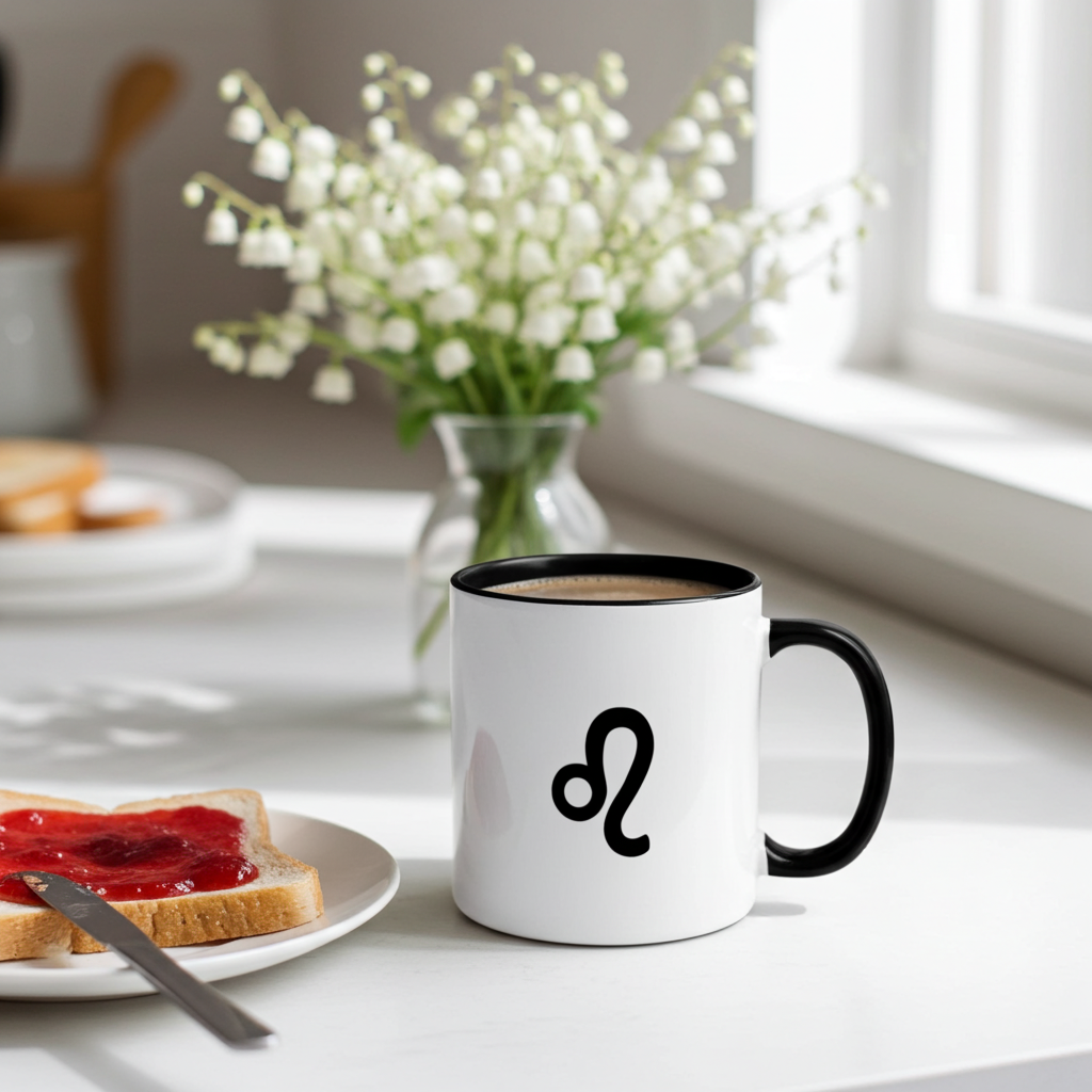 White mug with black handle and LEO symbol on a table with toast and jelly, flowers in the background