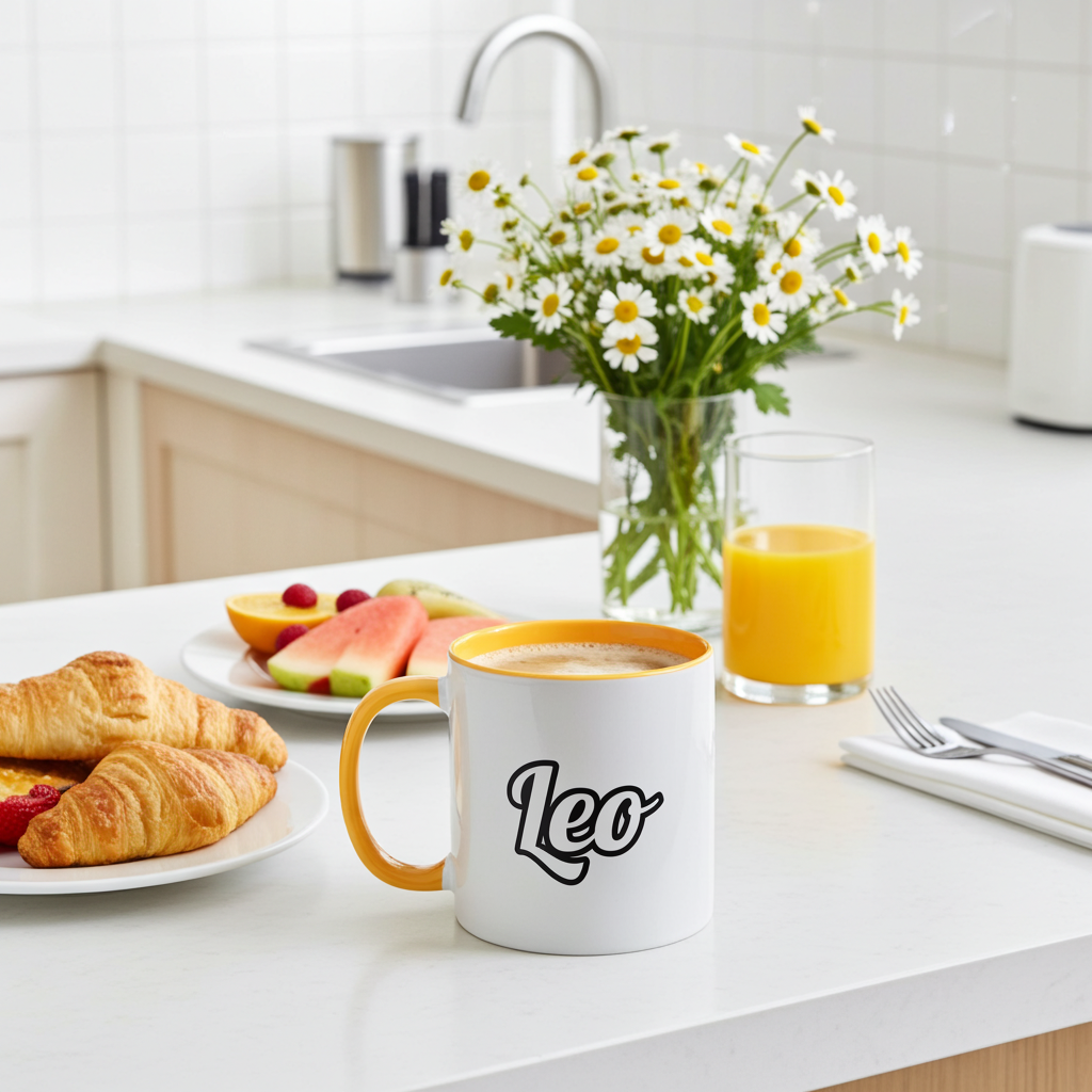 Kitchen counter with a mug labeled 'Leo', croissants, fruit, and a vase of flowers.