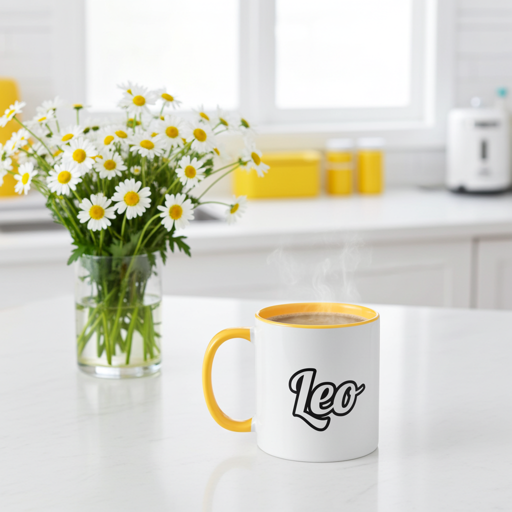 Mug with 'Leo' on a kitchen counter next to a vase of flowers