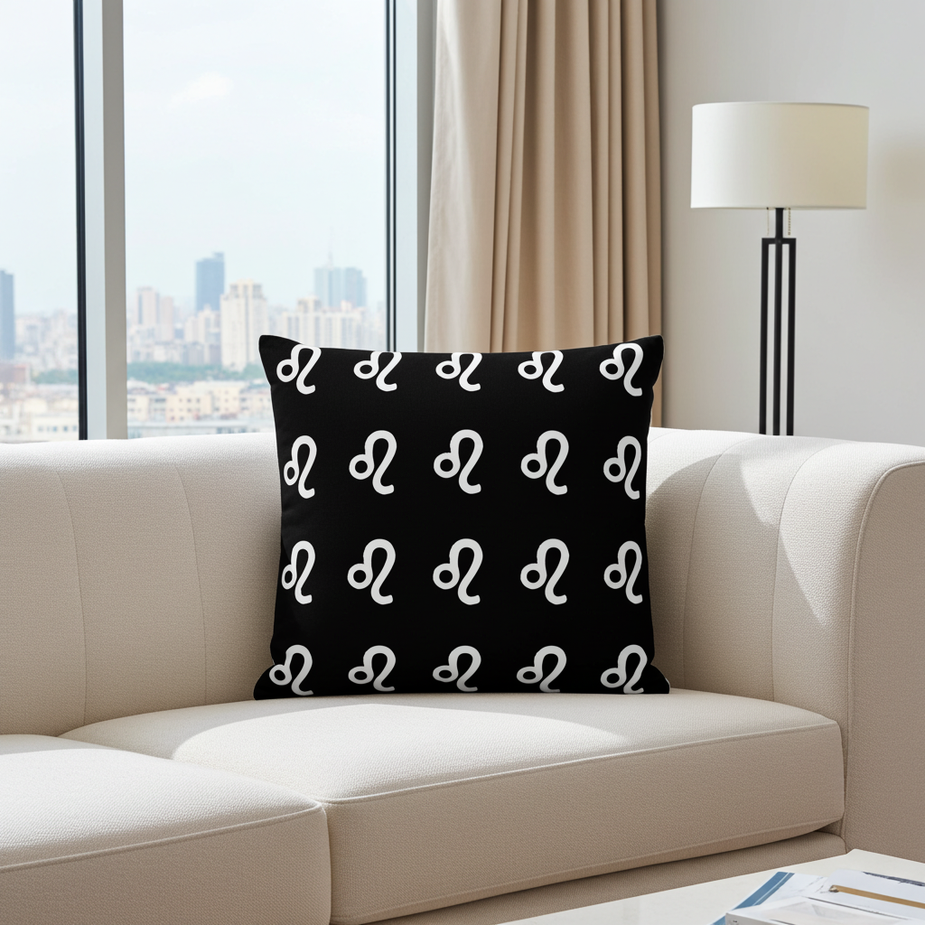 Black pillow with white patterns on a beige sofa in a living room.