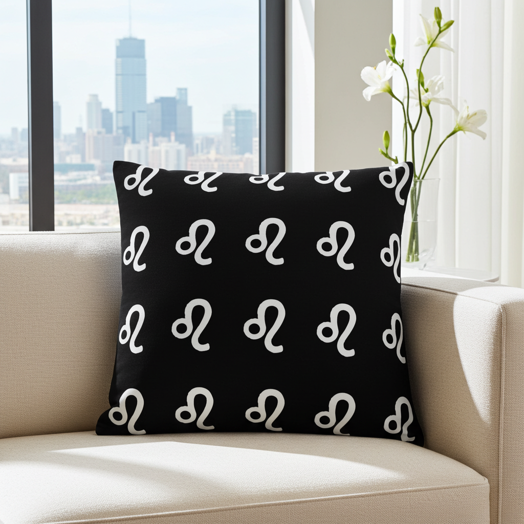 Black pillow with white Leo patterns on a beige couch by a window with a cityscape view.