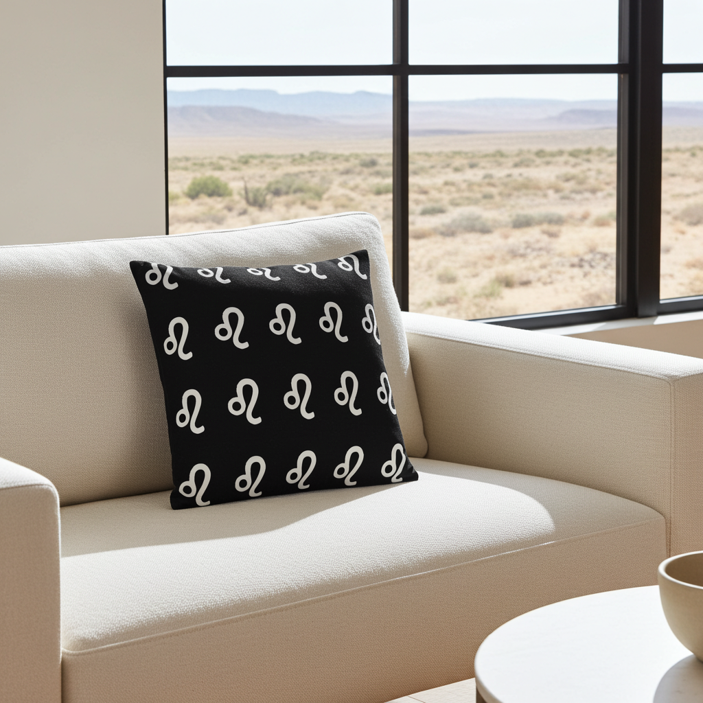 Black pillow with white Leo patterns on a beige couch in a room with large windows showing a desert view.