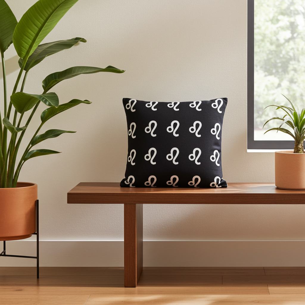 Decorative pillow with a cancerian pattern on a wooden bench next to potted plants.