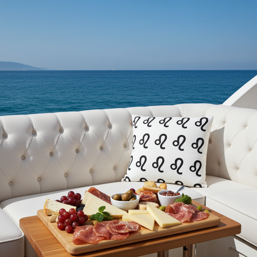 A styled outdoor seating scene on a white tufted sofa overlooking the blue sea, with a charcuterie board, cheese, grapes, olives, and a black-and-white leo patterned pillow in the foreground.