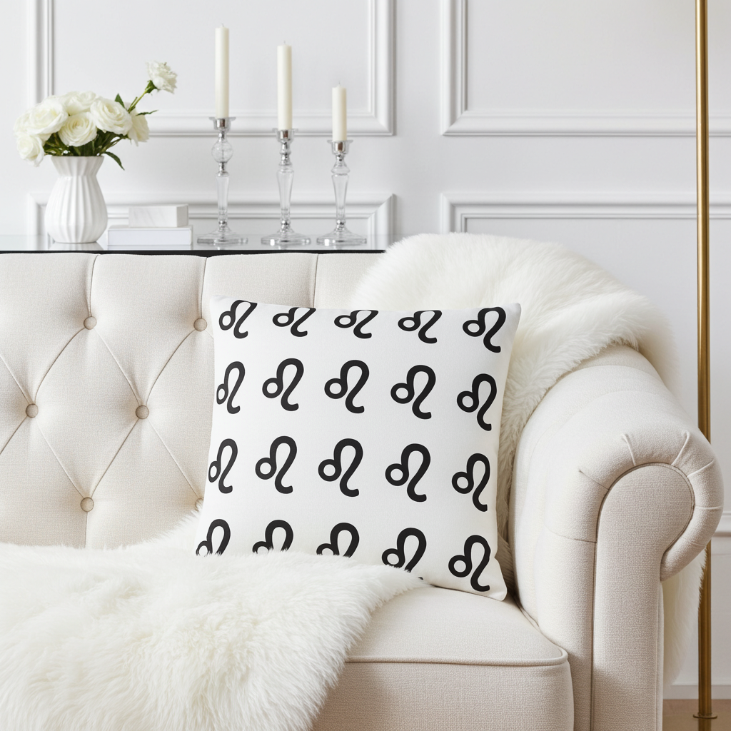 Decorative pillow with black Leo patterns on a white armchair in a stylish room.