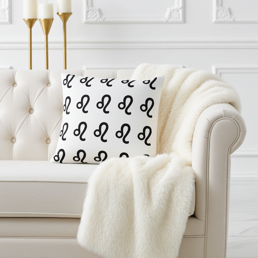 Decorative pillow with black Leo patterns on a white sofa with a white blanket.