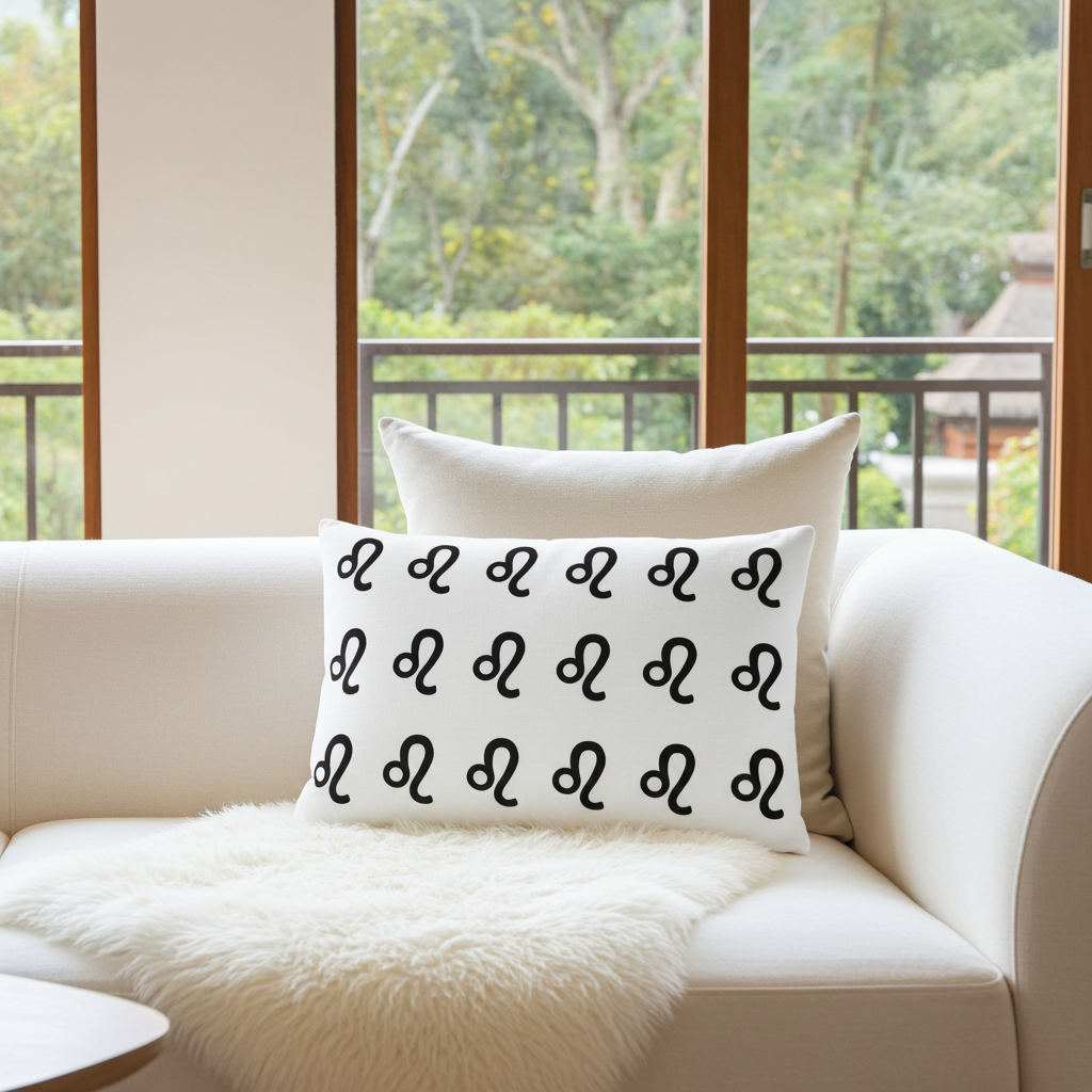 White pillow with black leo patterns on a white couch in a room with large windows showing greenery outside.