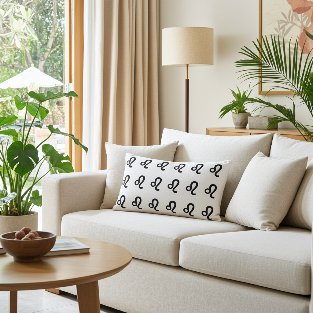 Living room with a beige sofa, decorative leo pillow, and plants.