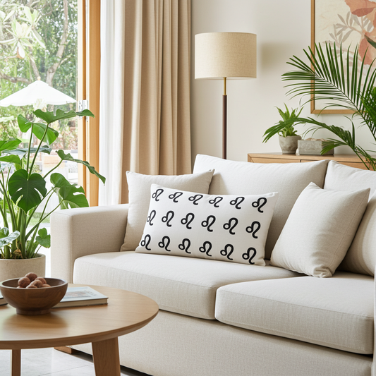 Living room with a beige sofa, decorative leo pillow, and plants.